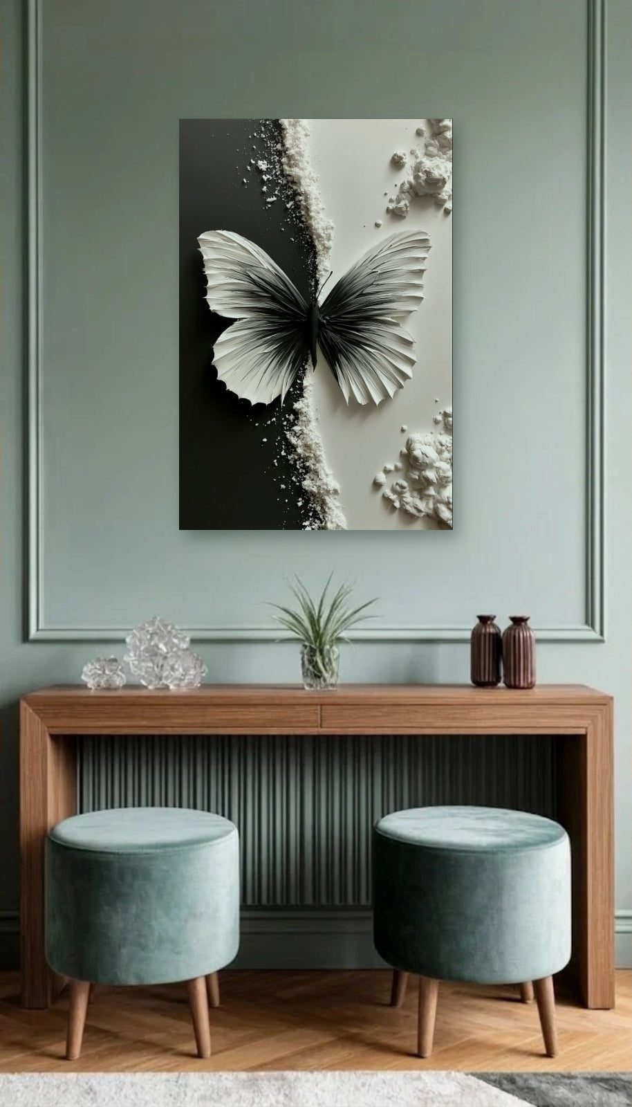 Luxury Art acrylic wall art above a wooden console