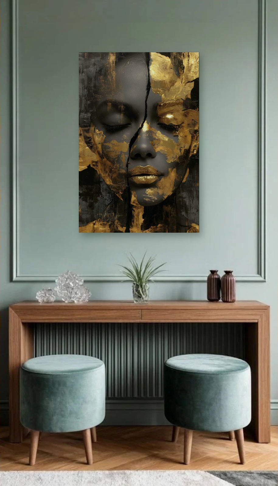 Luxury Art acrylic wall art above a wooden console