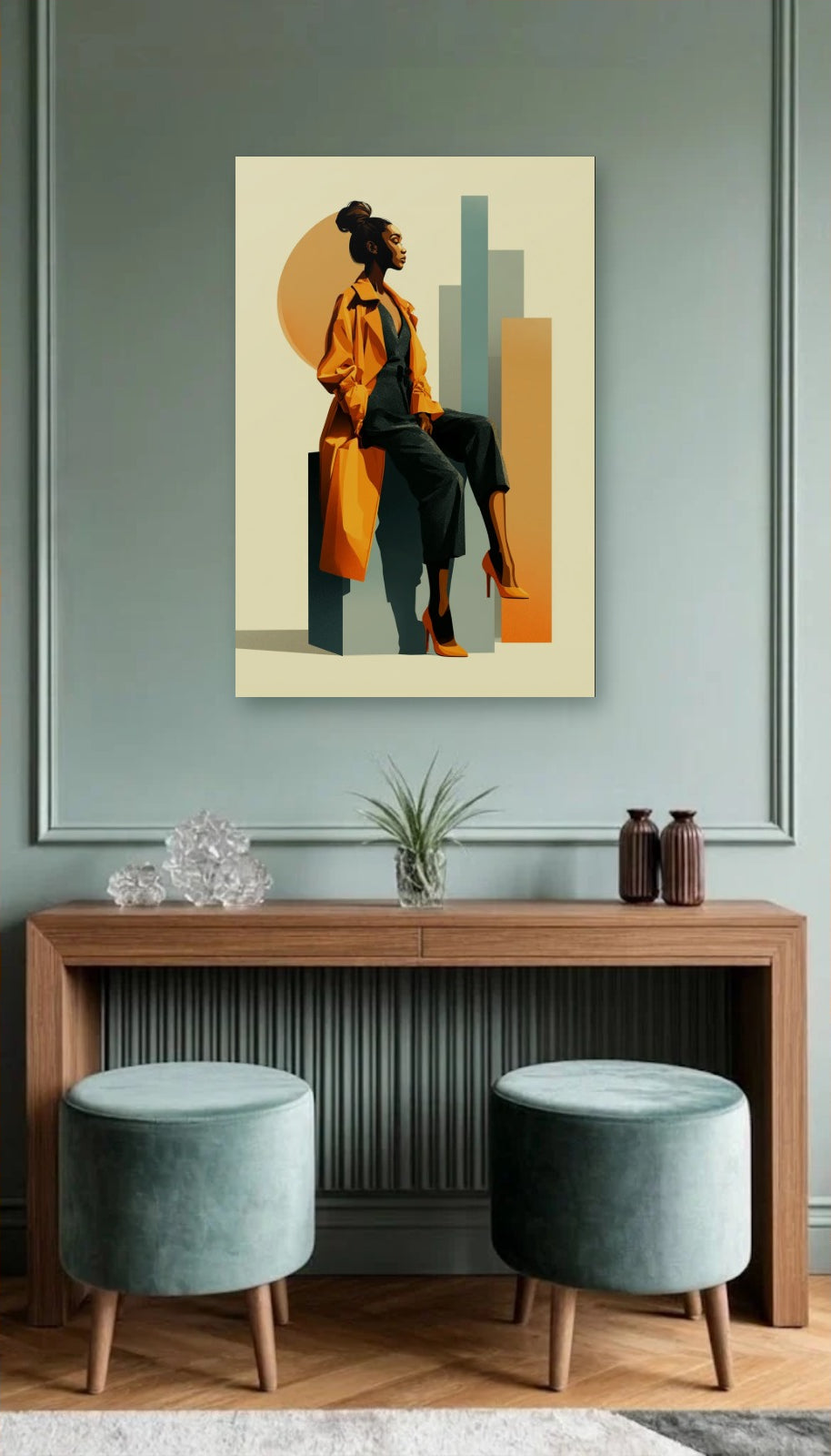 Expressions Art acrylic wall art above a wooden console