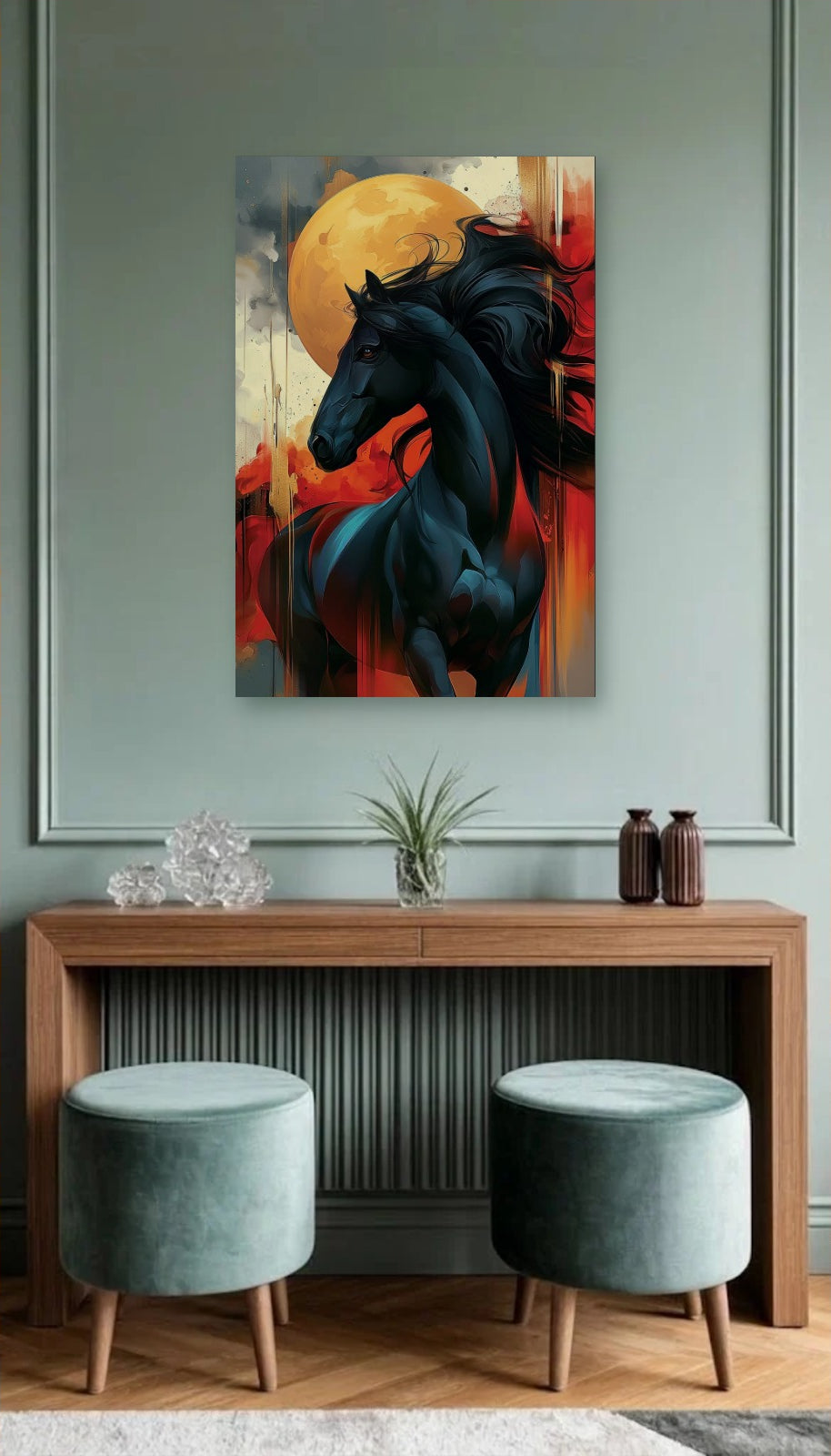 Wild Art acrylic wall art above a wooden console