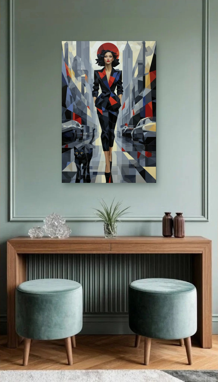 Luxury Art acrylic wall art above a wooden console
