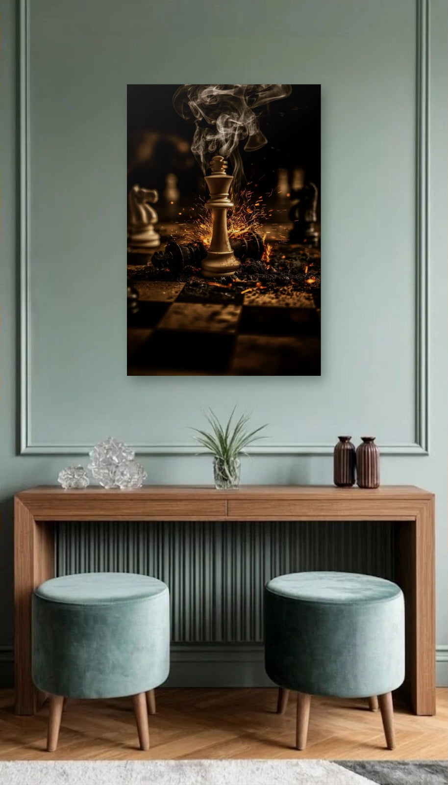 Luxury Art acrylic wall art above a wooden console