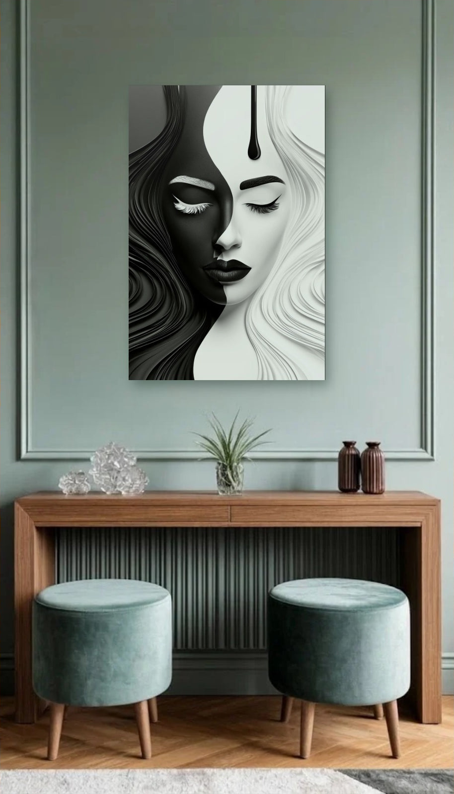 Expressions Art acrylic wall art above a wooden console