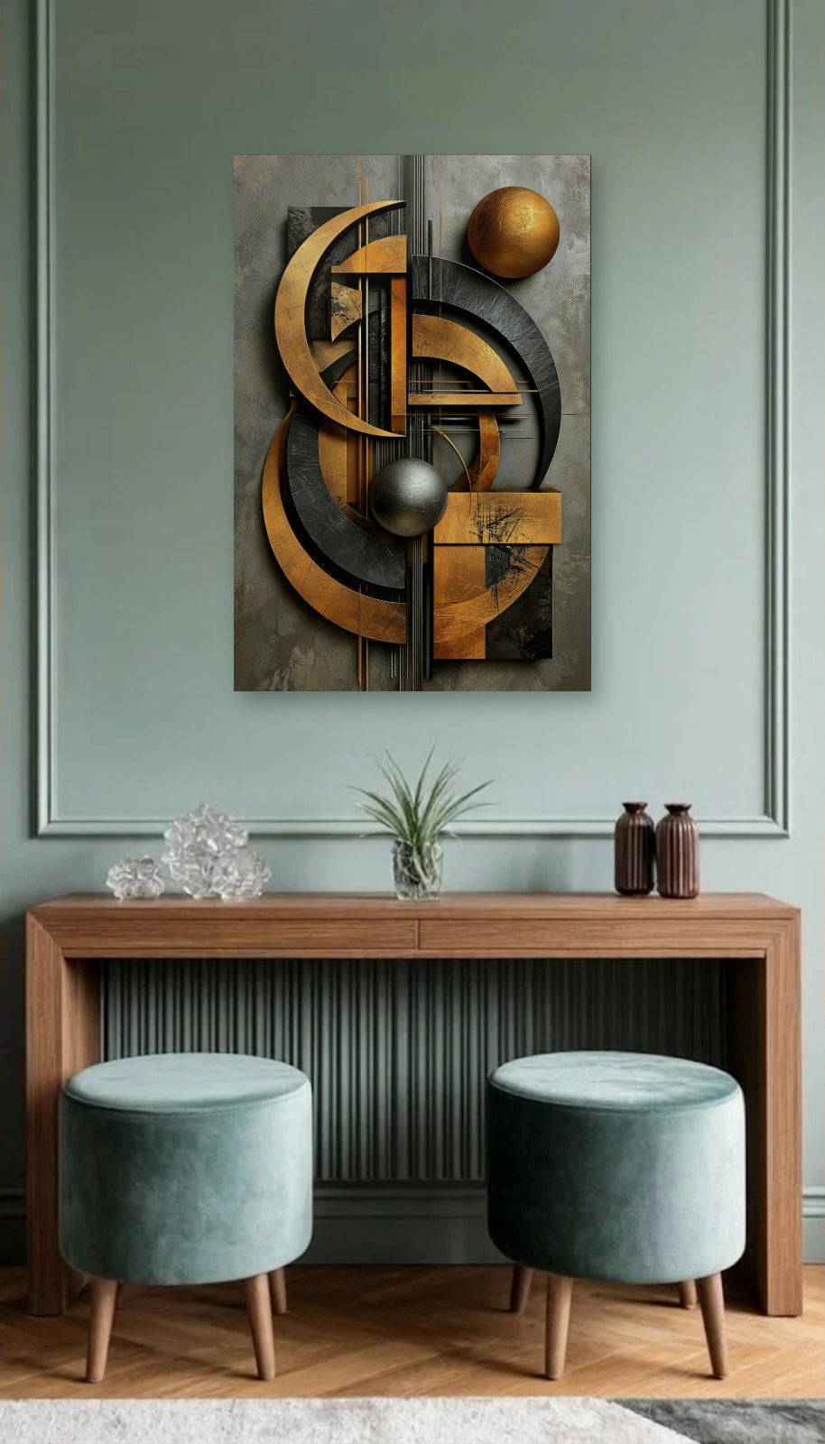 Expressions Art acrylic wall art above a wooden console