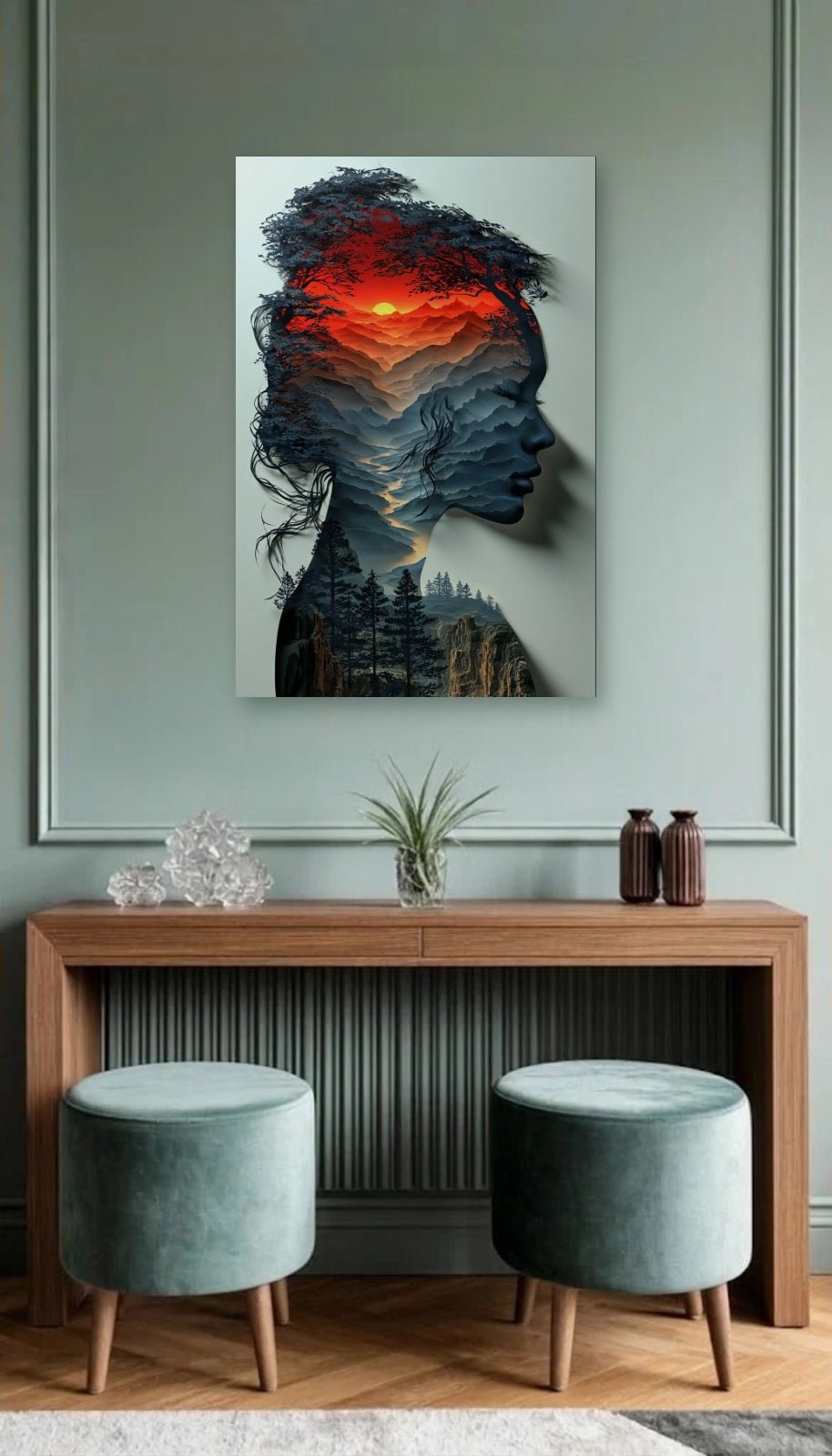 Expressions Art acrylic wall art above a wooden console