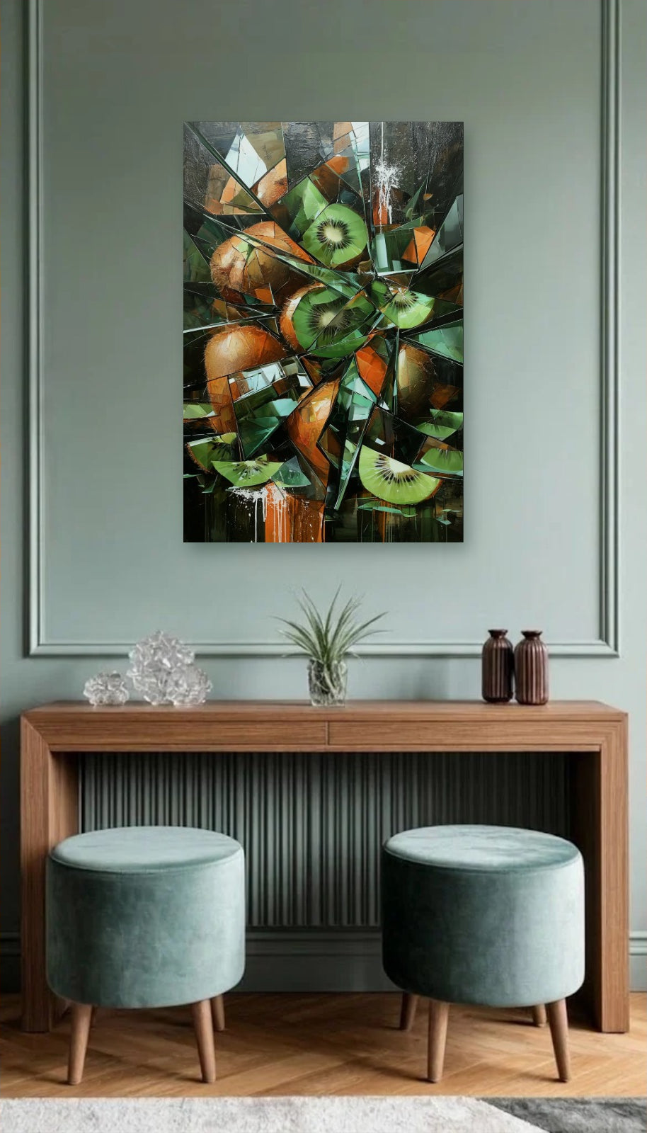 Luxury Art acrylic wall art above a wooden console