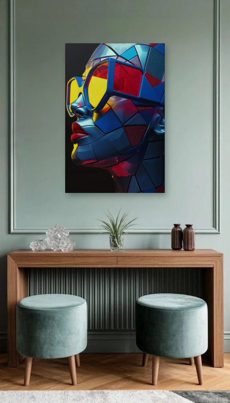 Expressions Art acrylic wall art above a wooden console