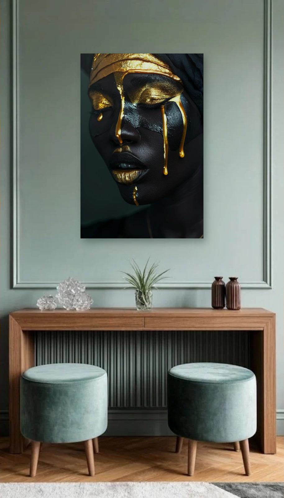 Expressions Art acrylic wall art above a wooden console