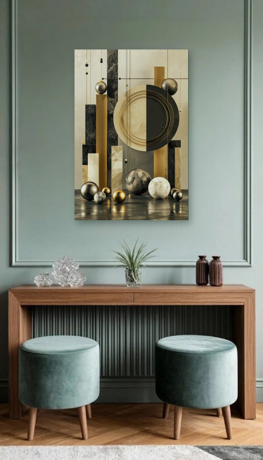 Geometric Abstraction Art acrylic wall art above a wooden console