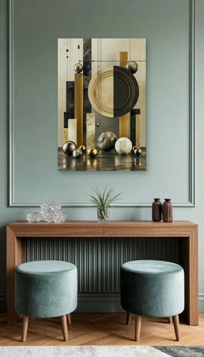 Geometric Abstraction Art acrylic wall art above a wooden console