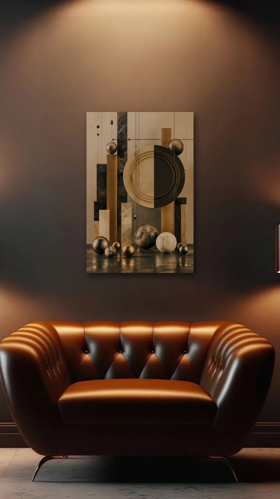Geometric Abstraction Art acrylic wall art above a leather armchair