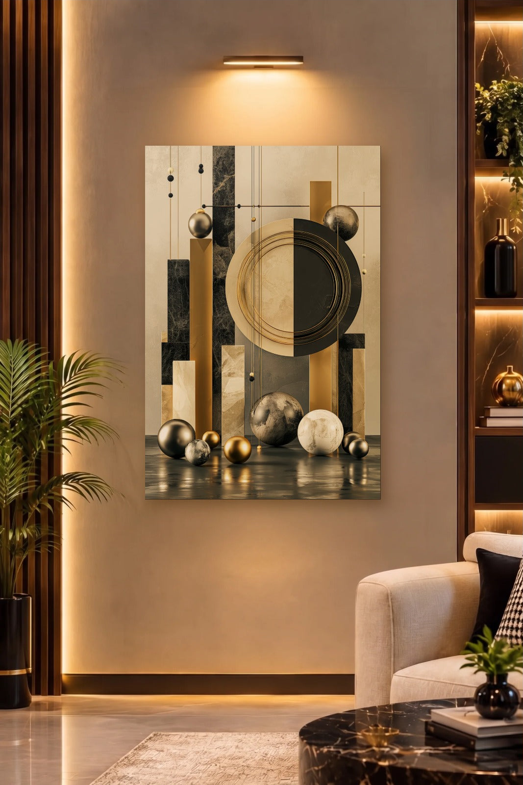 Geometric Abstraction Art acrylic wall art on a warm-lit luxury wall