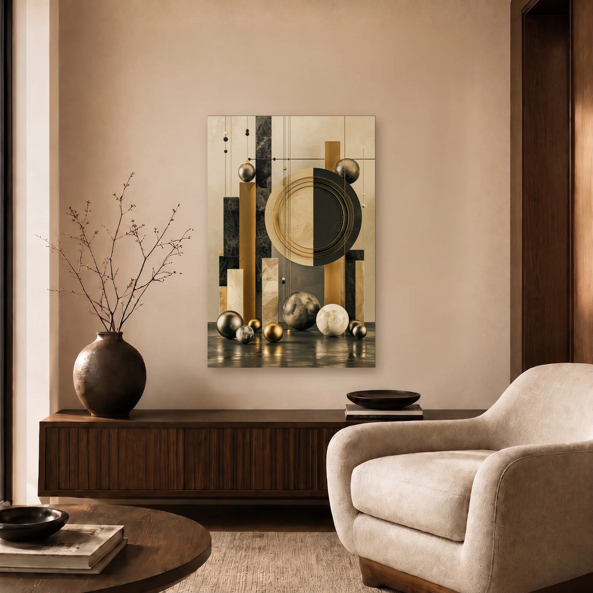 Geometric Abstraction Art acrylic wall art in a beige living room