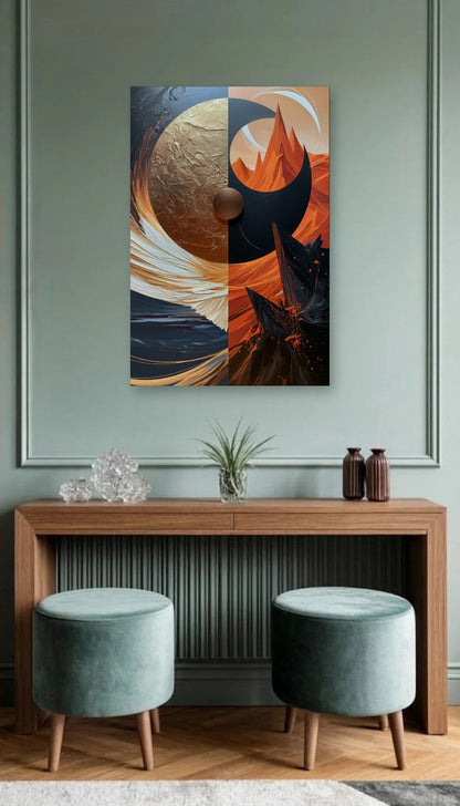 Geometric Abstraction Art acrylic wall art above a wooden console