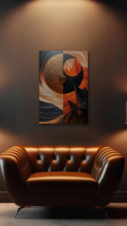 Geometric Abstraction Art acrylic wall art above a leather armchair
