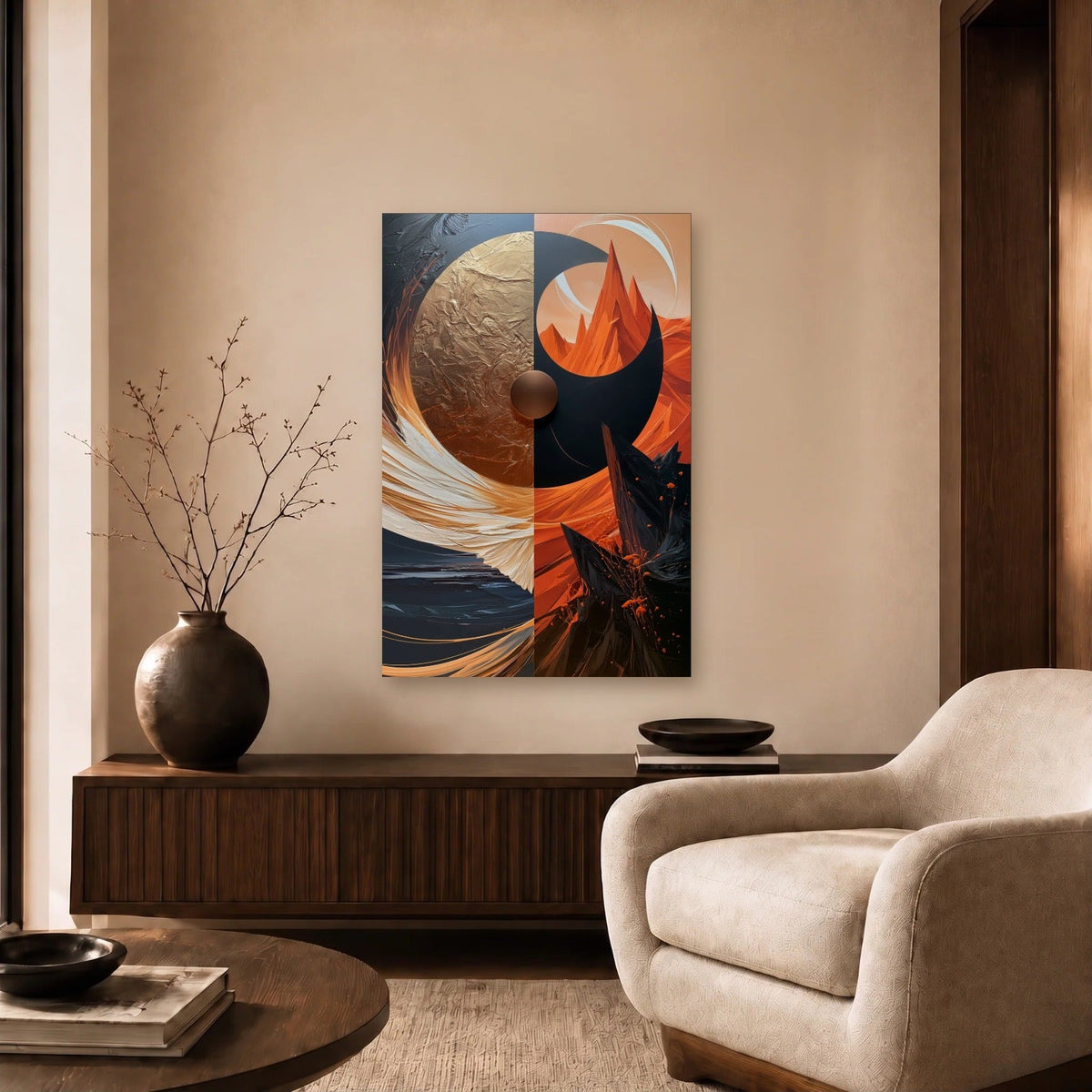 Geometric Abstraction Art acrylic wall art in a beige living room