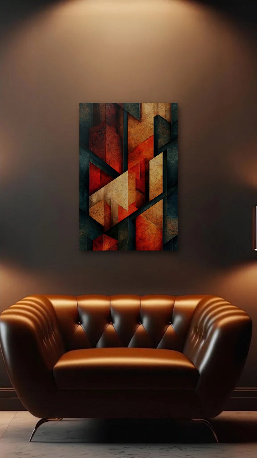 Geometric Abstraction Art acrylic wall art above a leather armchair