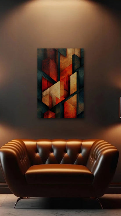 Geometric Abstraction Art acrylic wall art above a leather armchair