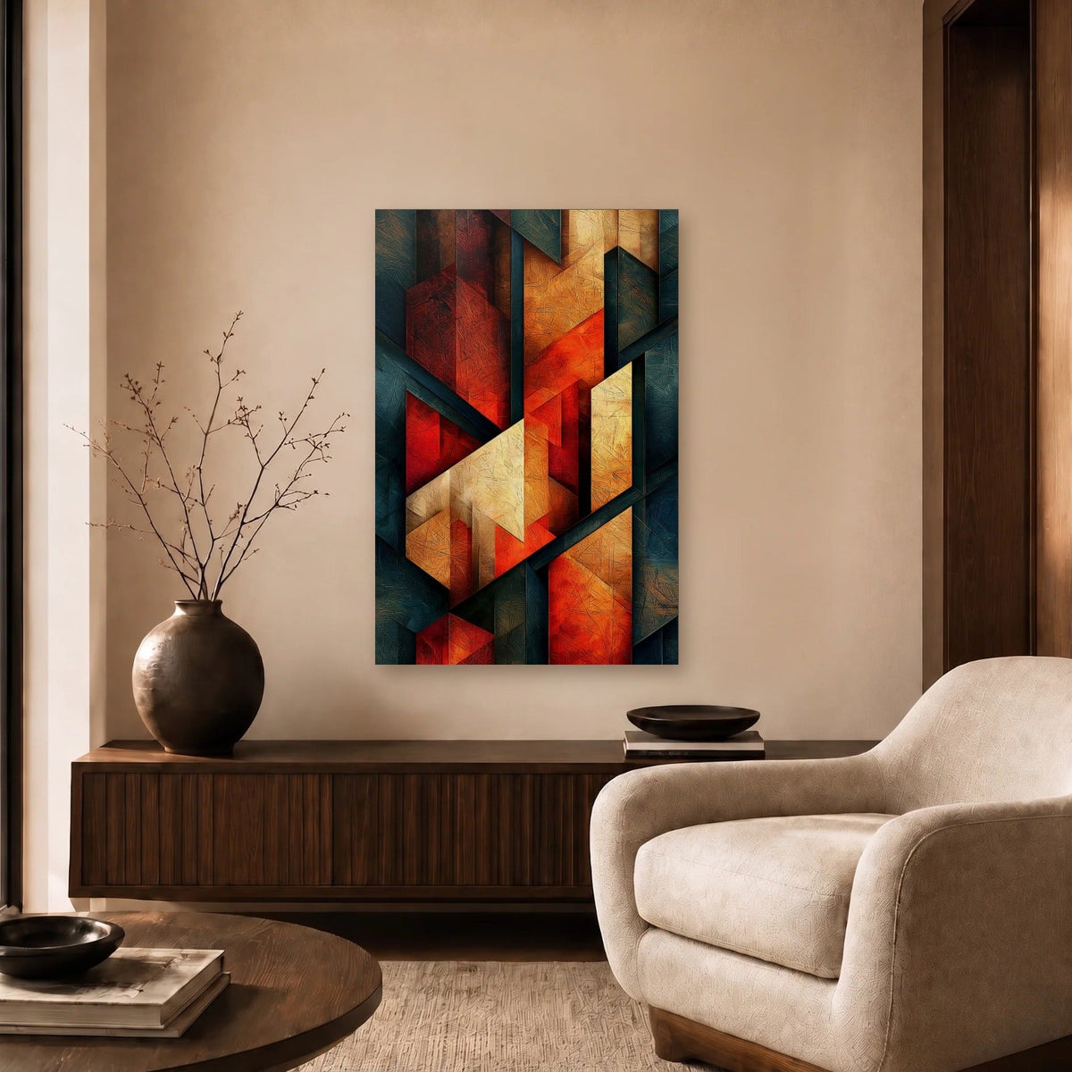Geometric Abstraction Art acrylic wall art in a beige living room