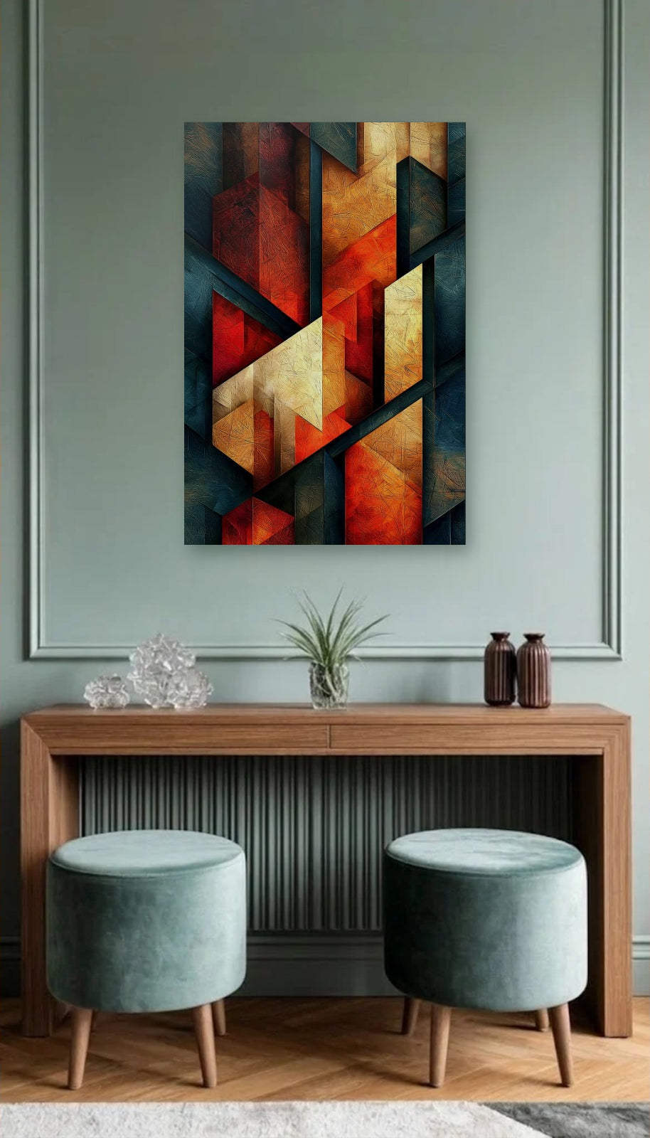 Geometric Abstraction Art acrylic wall art above a wooden console