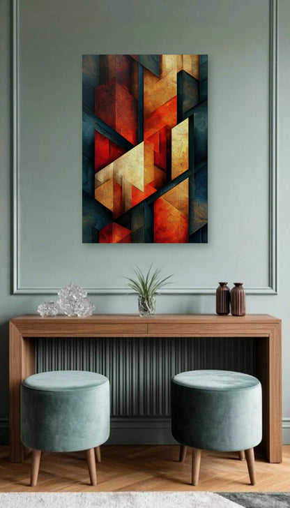 Geometric Abstraction Art acrylic wall art above a wooden console