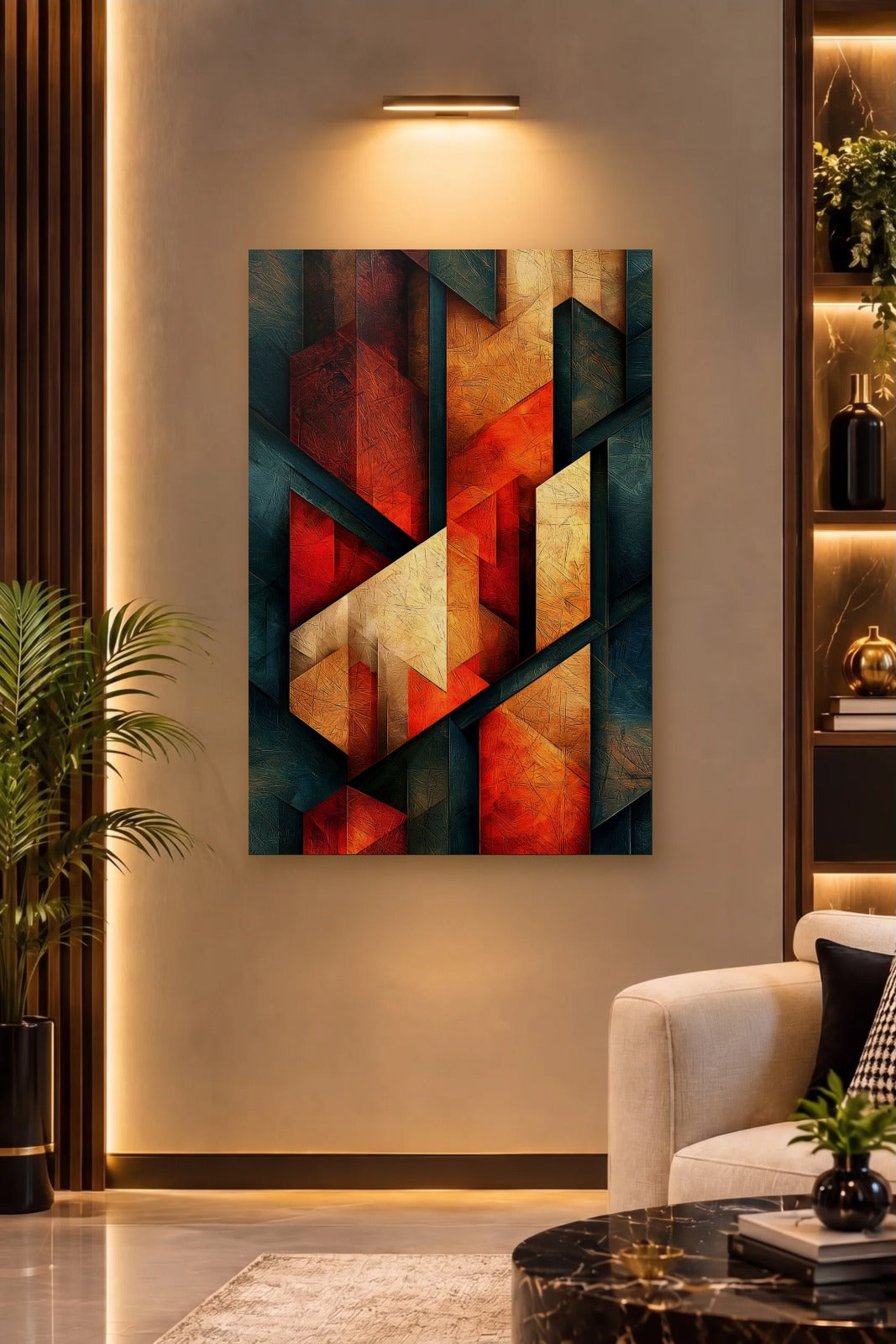 Geometric Abstraction Art acrylic wall art on a warm-lit luxury wall