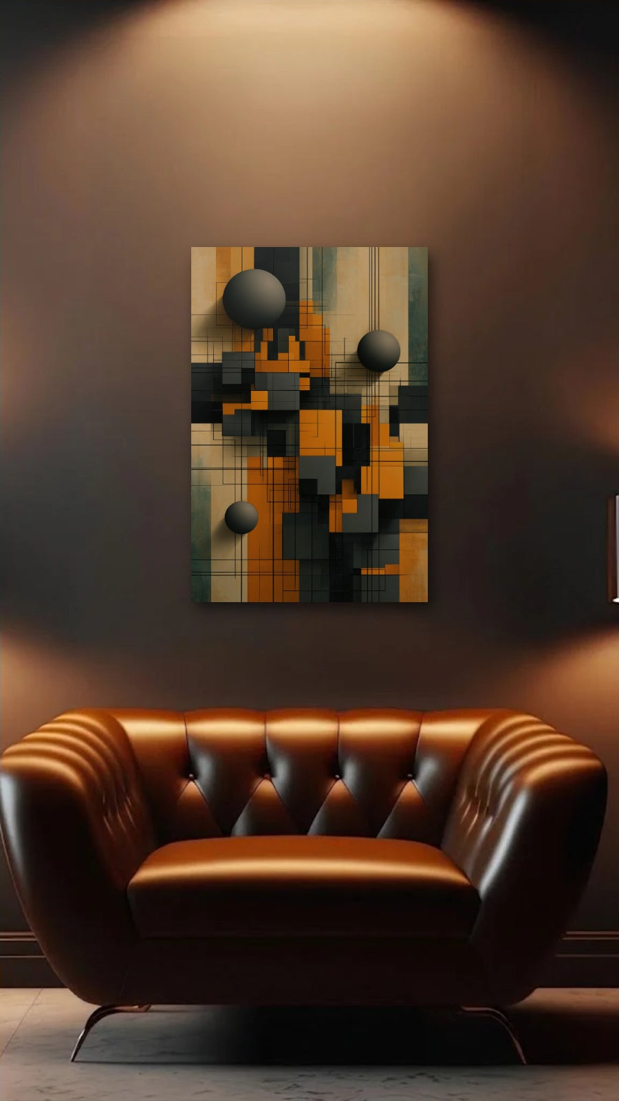 Geometric Abstraction Art acrylic wall art above a leather armchair