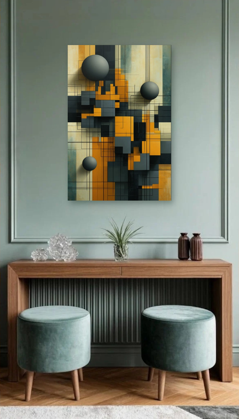 Geometric Abstraction Art acrylic wall art above a wooden console