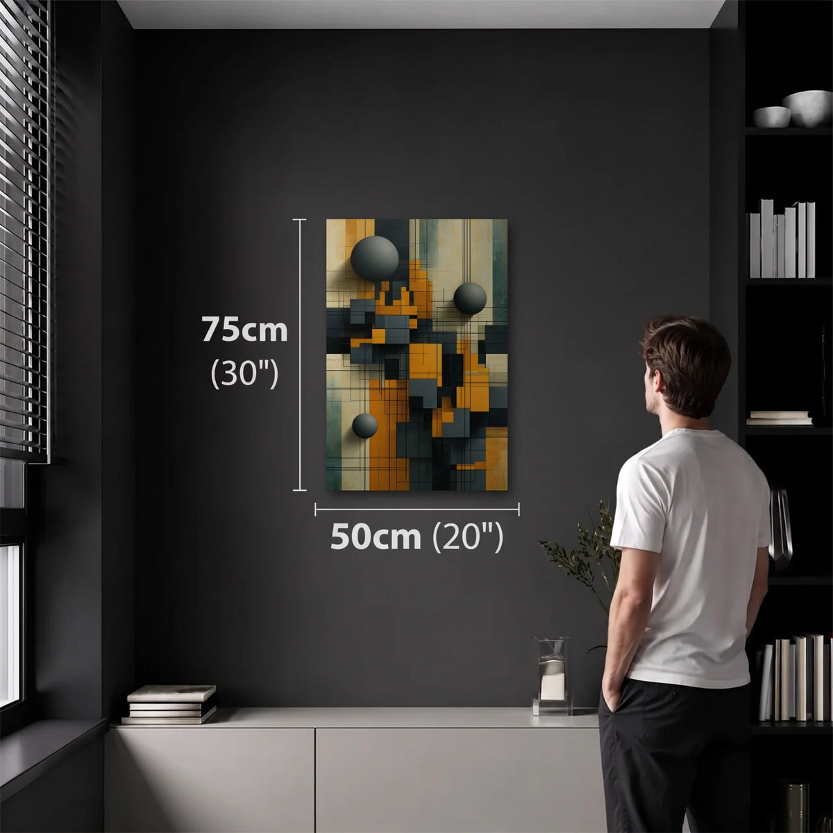 Geometric Abstraction Art 50x75 cm acrylic wall art in a dark modern room