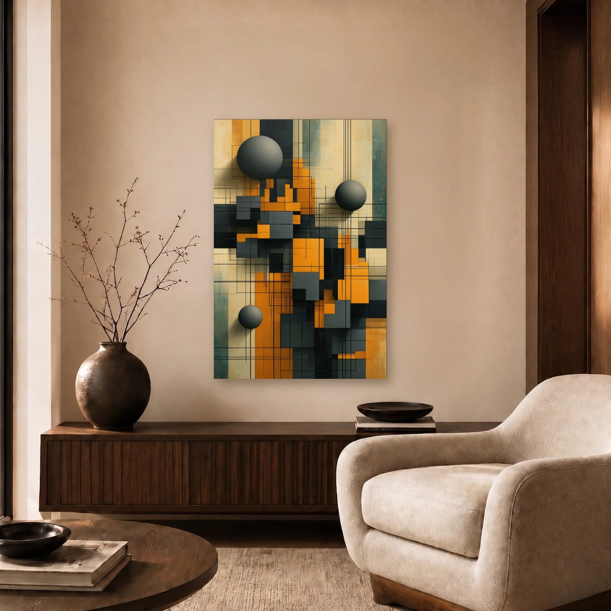 Geometric Abstraction Art acrylic wall art in a beige living room