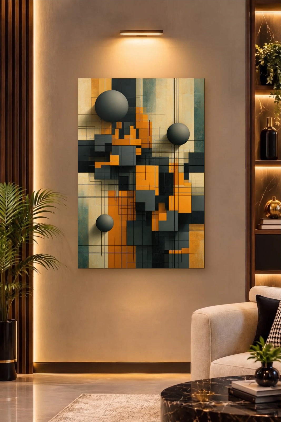 Geometric Abstraction Art acrylic wall art on a warm-lit luxury wall