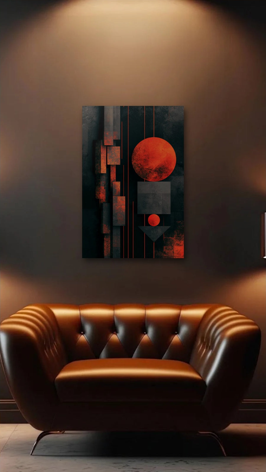Geometric Abstraction Art acrylic wall art above a leather armchair