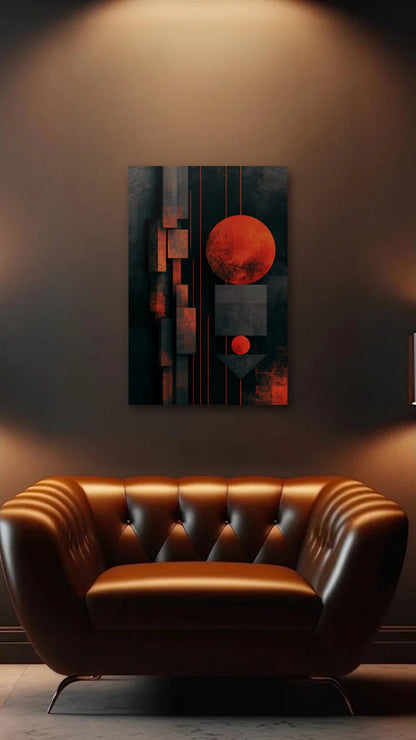 Geometric Abstraction Art acrylic wall art above a leather armchair