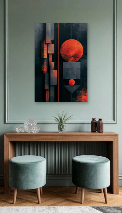 Geometric Abstraction Art acrylic wall art above a wooden console