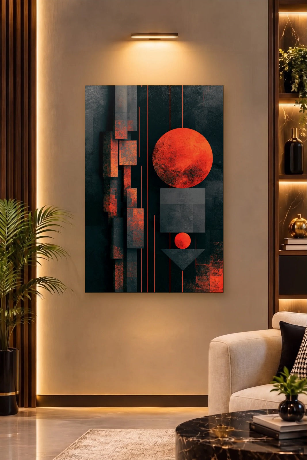 Geometric Abstraction Art acrylic wall art on a warm-lit luxury wall