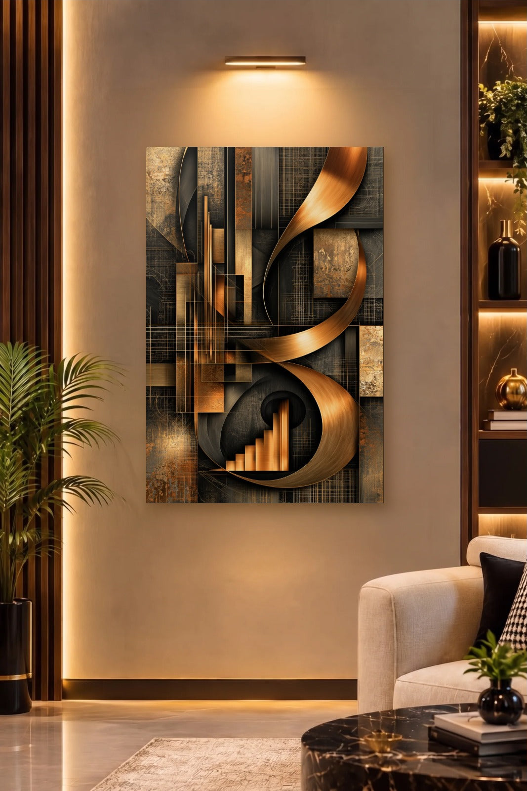 Geometric Abstraction Art acrylic wall art on a warm-lit luxury wall