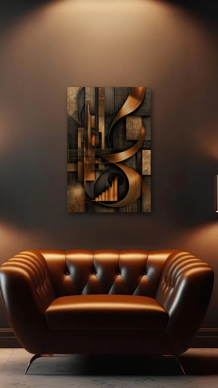 Geometric Abstraction Art acrylic wall art above a leather armchair
