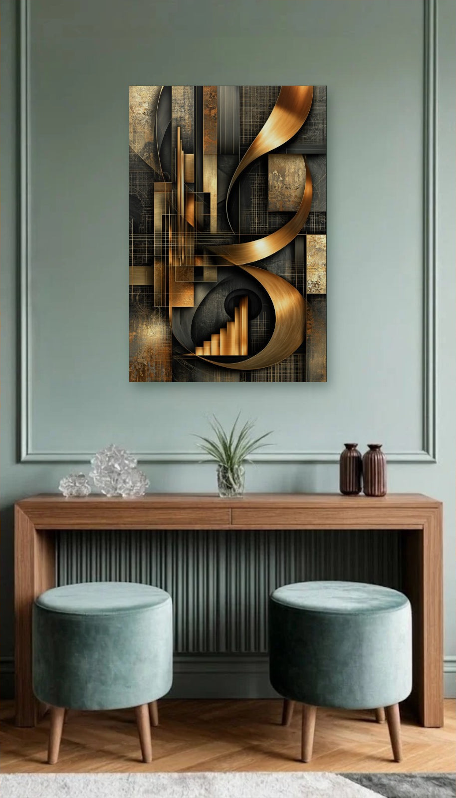 Geometric Abstraction Art acrylic wall art above a wooden console