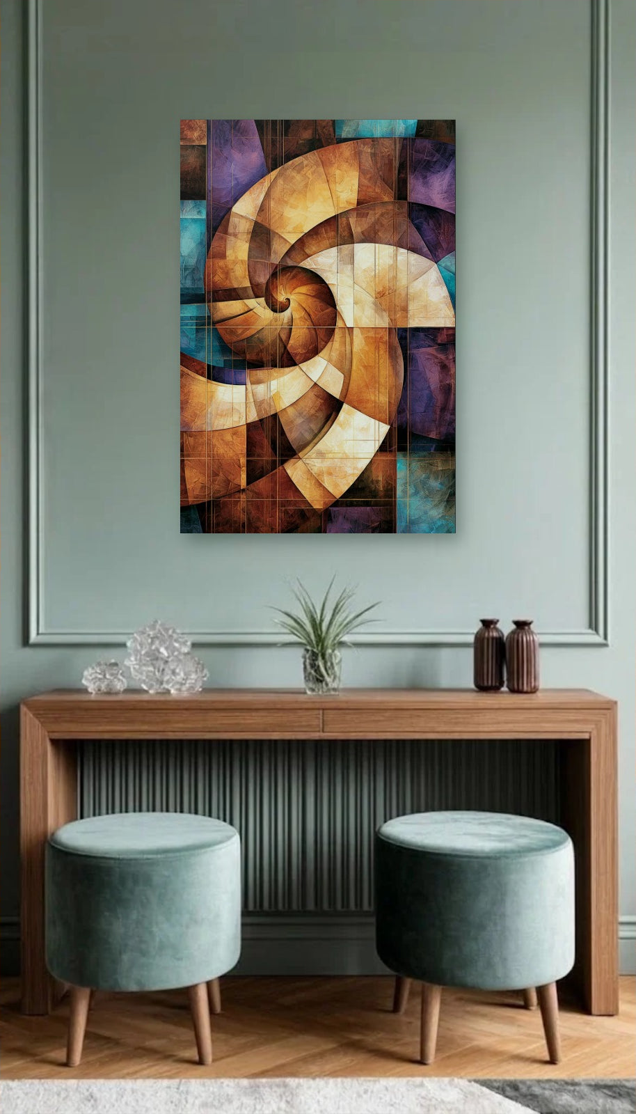Geometric Abstraction Art acrylic wall art above a wooden console