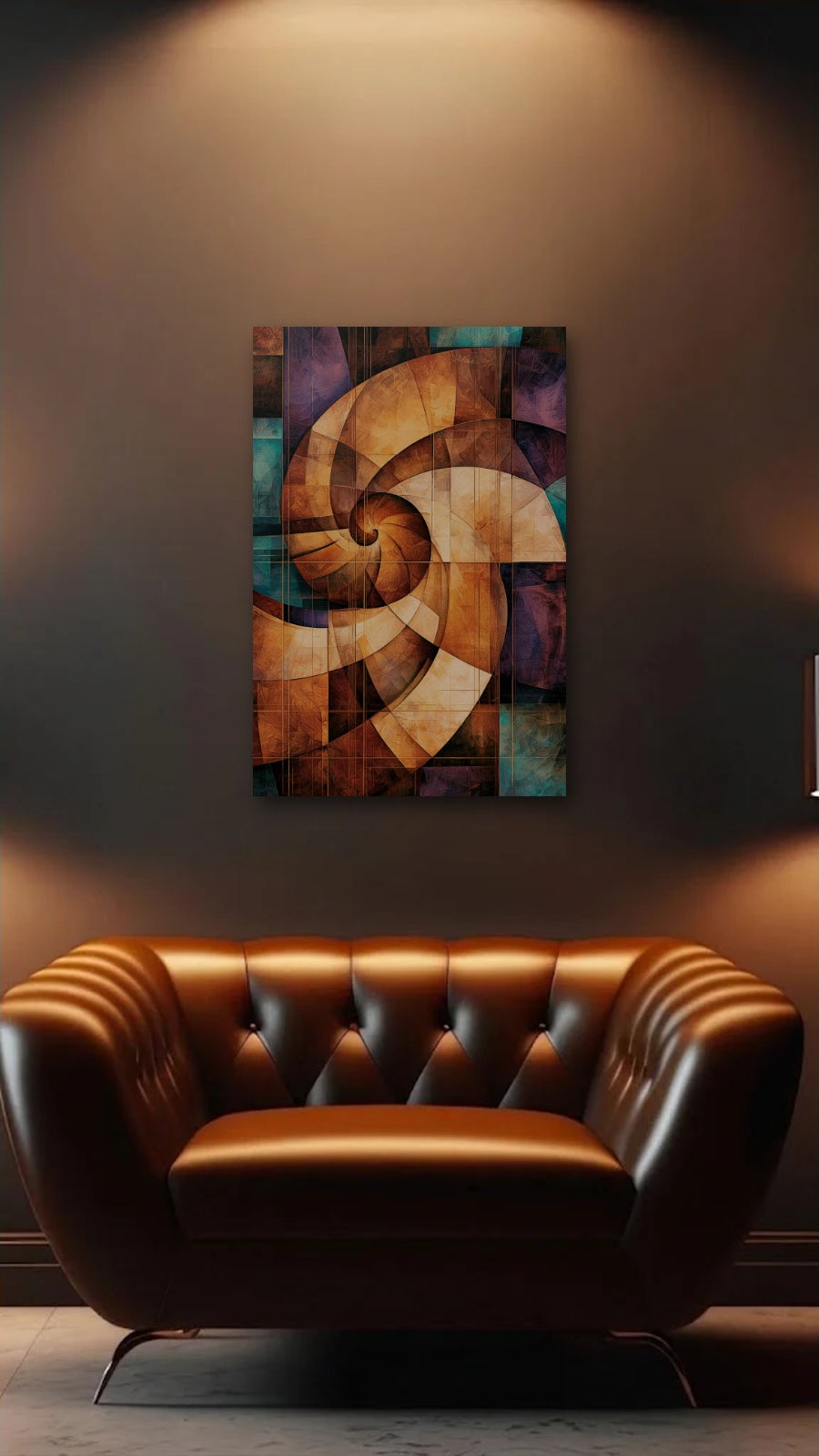 Geometric Abstraction Art acrylic wall art above a leather armchair