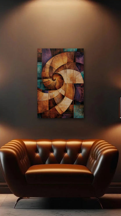 Geometric Abstraction Art acrylic wall art above a leather armchair
