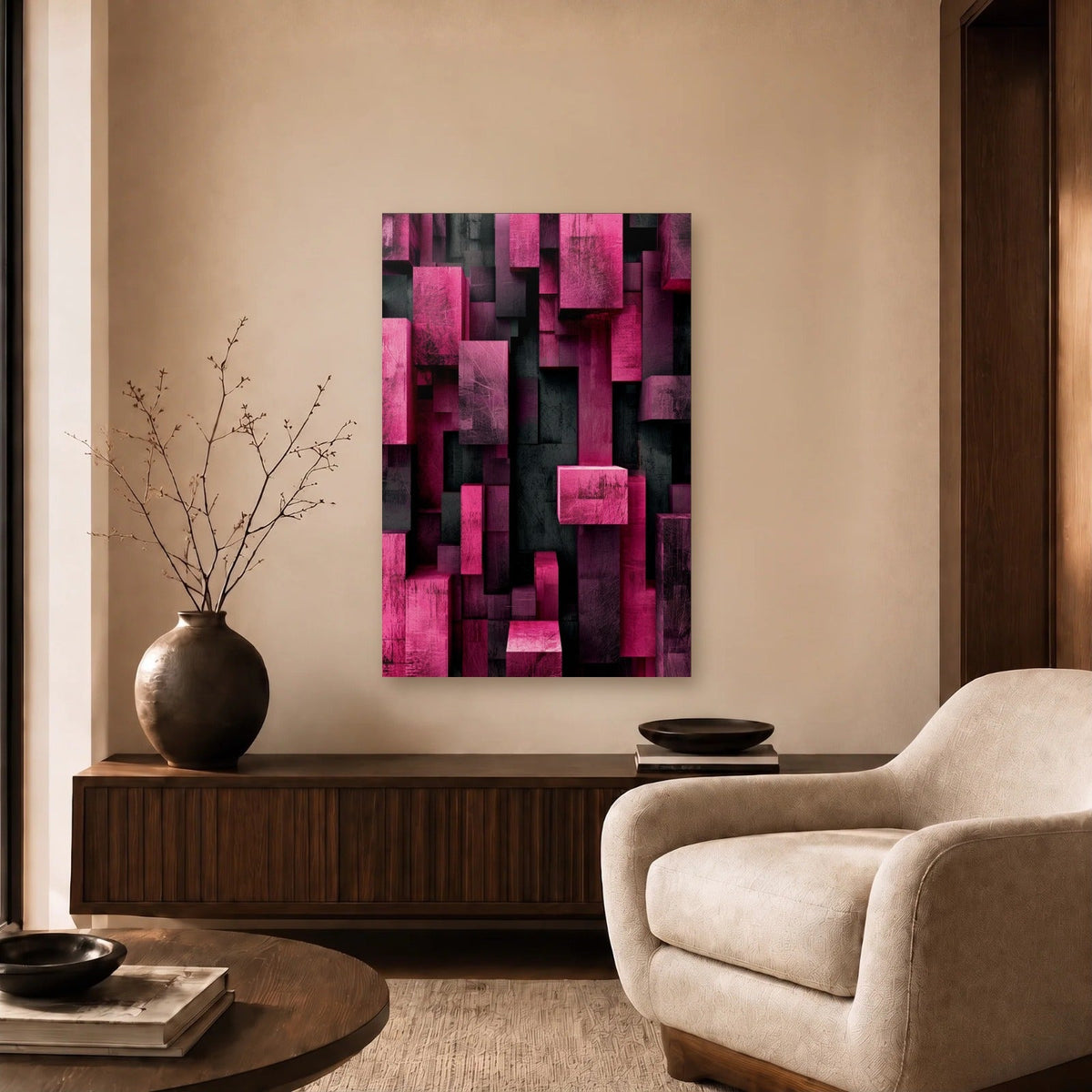 Geometric Abstraction Art acrylic wall art in a beige living room