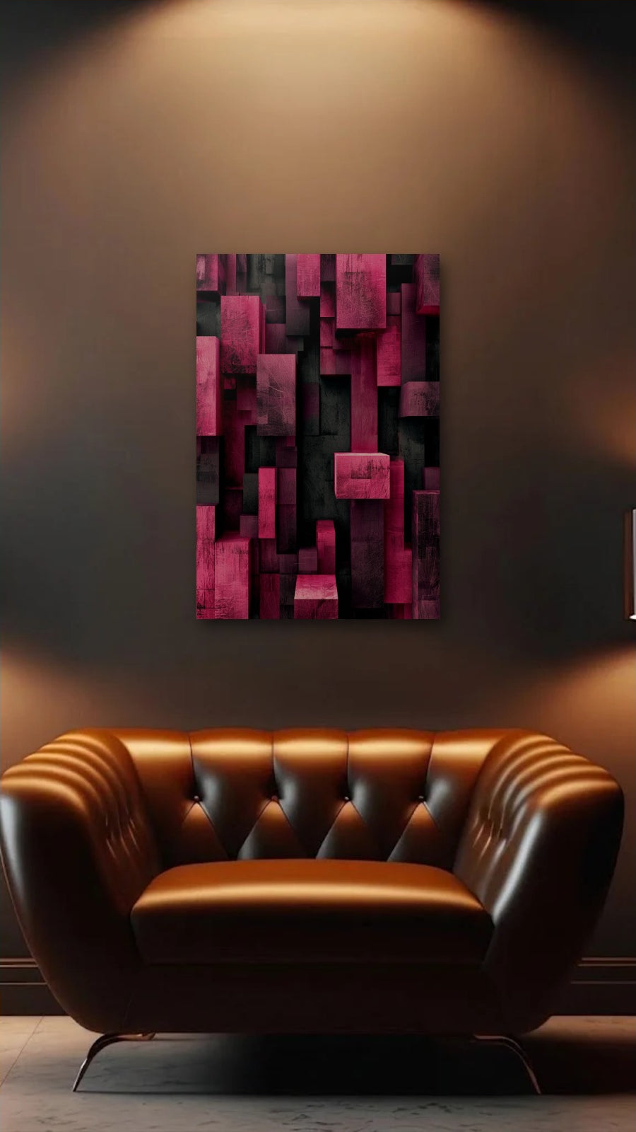 Geometric Abstraction Art acrylic wall art above a leather armchair