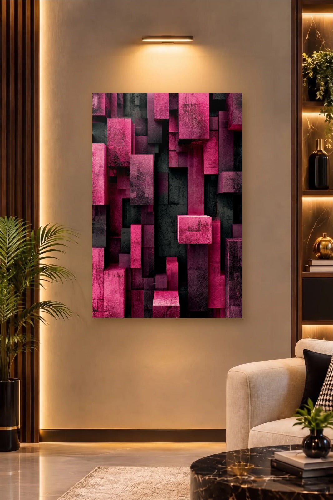 Geometric Abstraction Art acrylic wall art on a warm-lit luxury wall