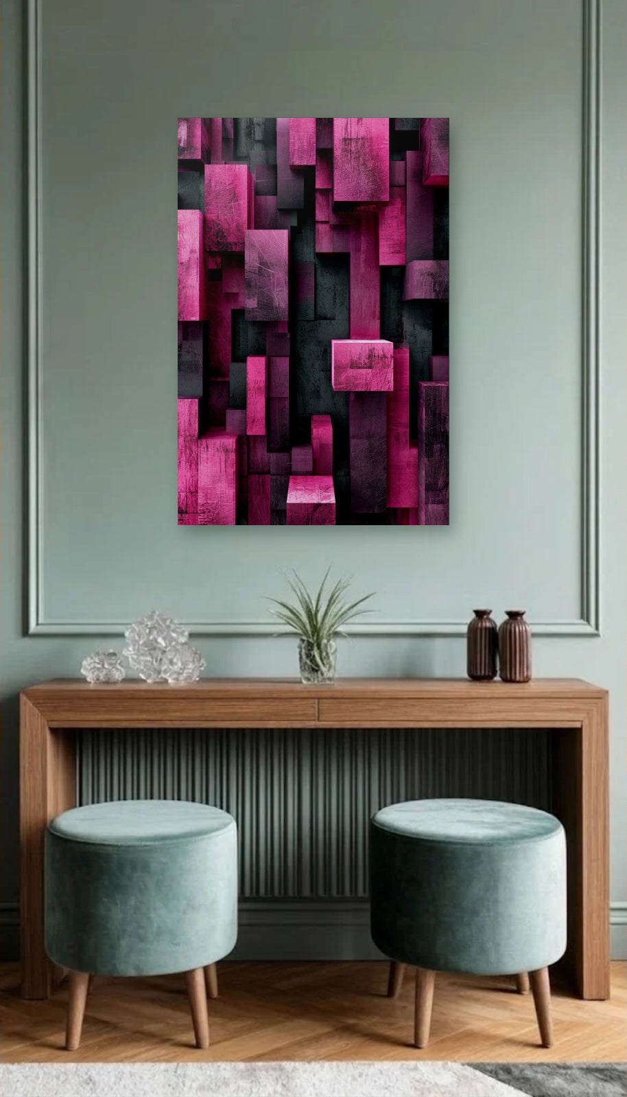 Geometric Abstraction Art acrylic wall art above a wooden console