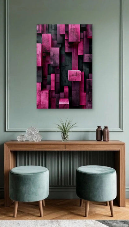 Geometric Abstraction Art acrylic wall art above a wooden console