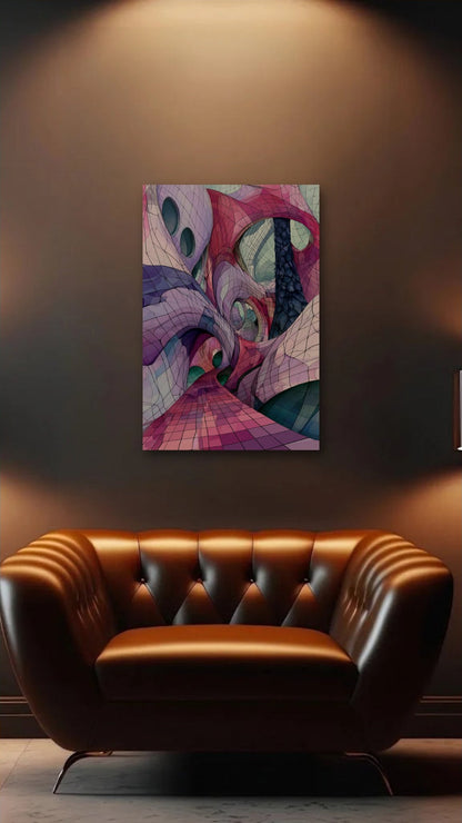 Geometric Abstraction Art acrylic wall art above a leather armchair