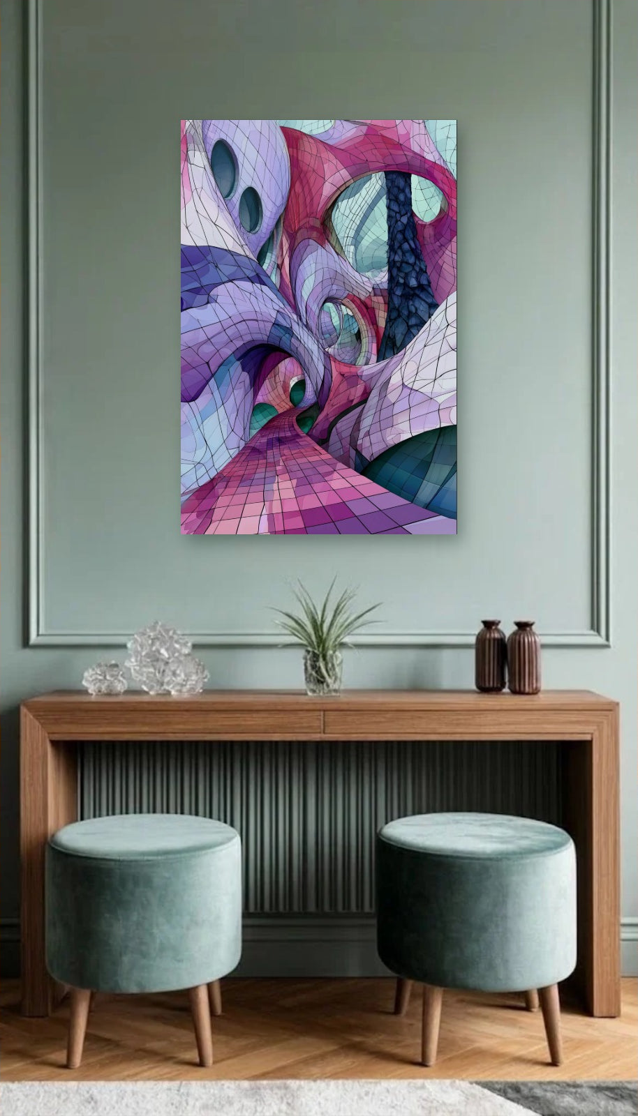 Geometric Abstraction Art acrylic wall art above a wooden console