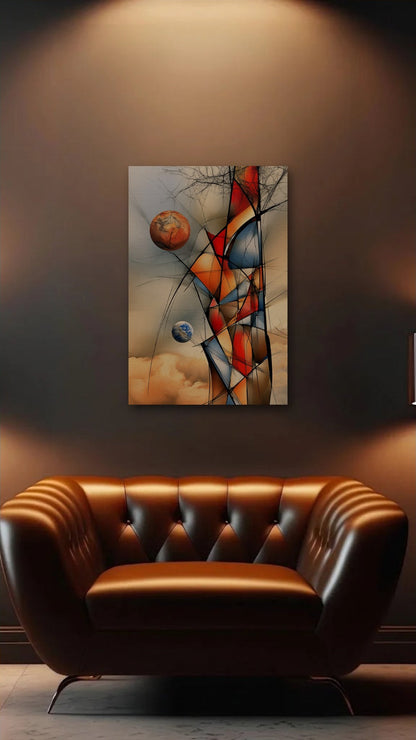 Geometric Abstraction Art acrylic wall art above a leather armchair