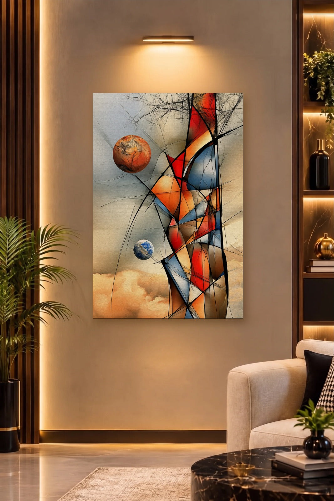 Geometric Abstraction Art acrylic wall art on a warm-lit luxury wall